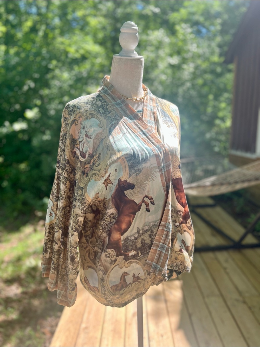 Market of Stars Women’s Horse-Print Wrap Top in Sage and Tan - Picture 2 of 7